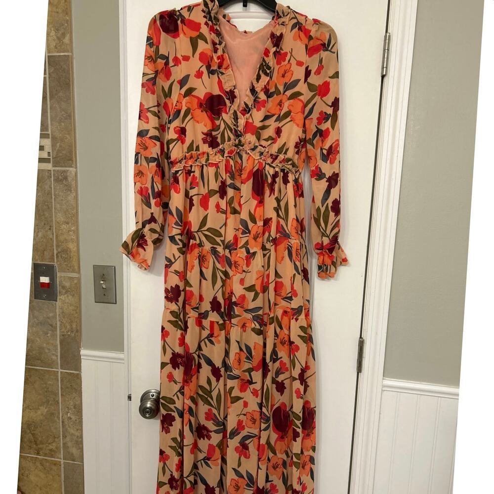 Peachy Pink Floral Empire Waist Ruffle Tiered Maxi Dress Boho Cottagecore Small - Picture 5 of 16